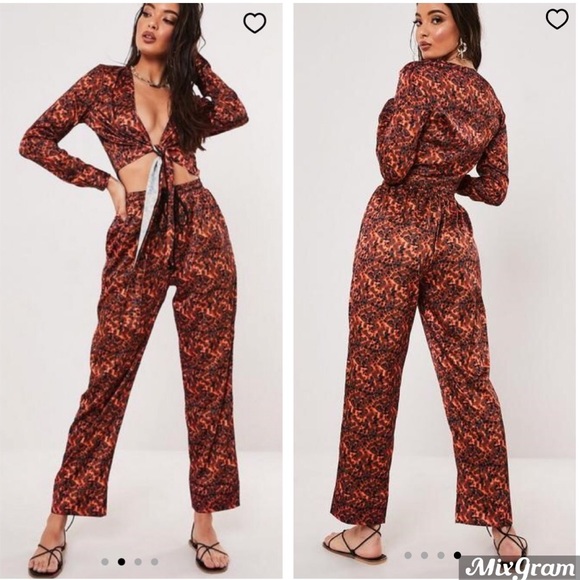 Missguided Pants - Tortoiseshell Co-Ord Tie Front Crop Top & Pants